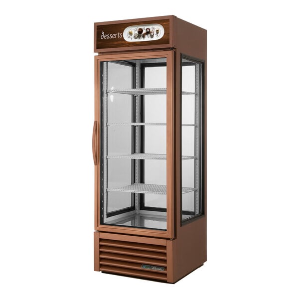 A brown refrigerated merchandiser with glass doors.