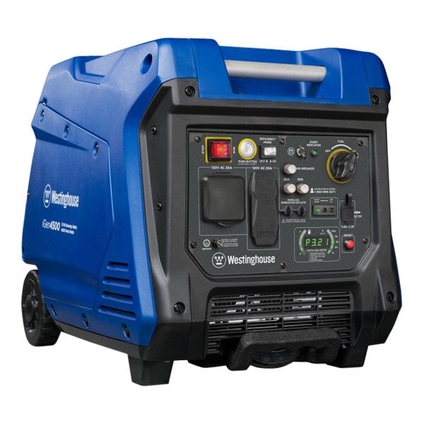 A blue and black Westinghouse portable inverter generator with a blue cover.