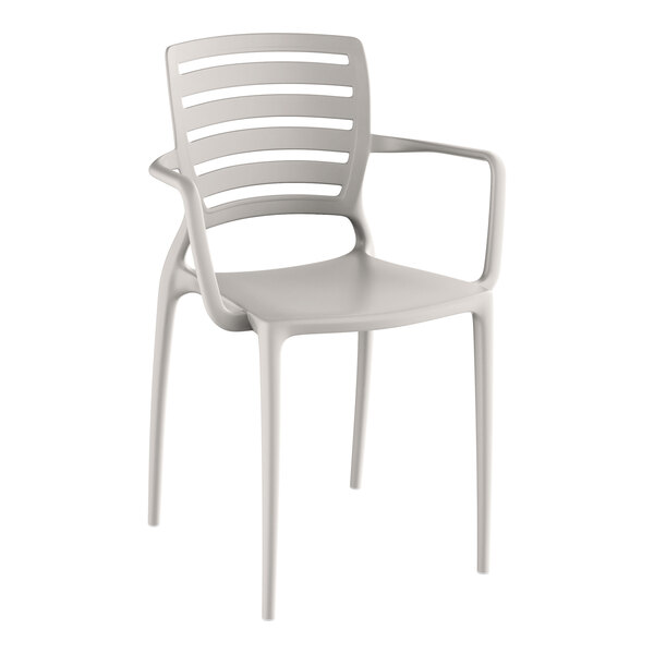 A gray plastic arm chair by Lancaster Table & Seating.