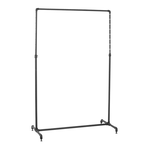 An Antique Black metal pipe clothing rack with a metal frame.