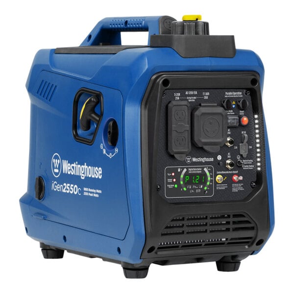 A blue and black Westinghouse portable inverter generator with a blue cover.