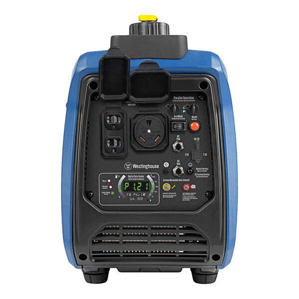 A blue Westinghouse iGen2550c portable inverter generator with a blue cover.