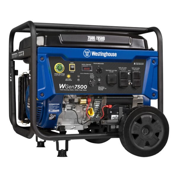 A blue and black Westinghouse portable generator with wheels.