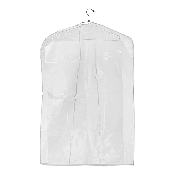 A 24" x 36" clear plastic garment bag with a hook.