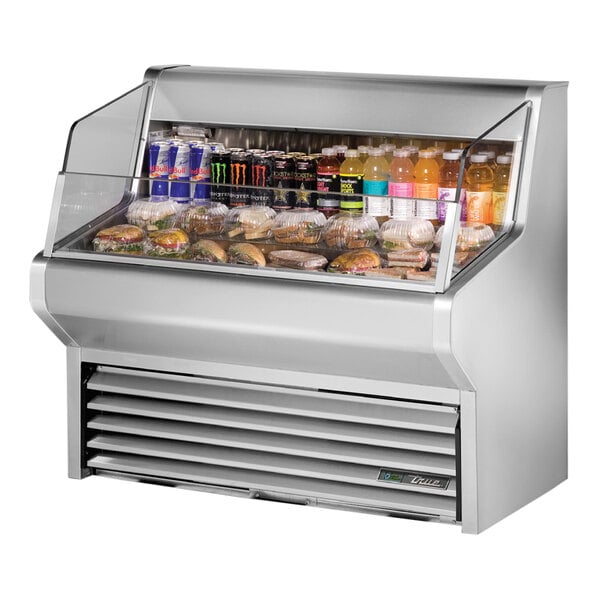 A True stainless steel horizontal refrigerated air curtain merchandiser displaying food and drinks.