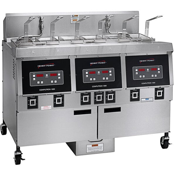 A black and grey Henny Penny electric fryer with a Computron 1000 control panel and buttons.