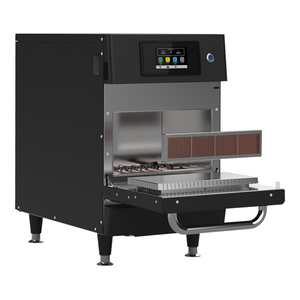 A black Pratica Copa Express high-speed oven with a control panel and a screen.