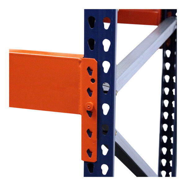 An Interlake Mecalux heavy-duty bolted teardrop pallet rack add-on with orange and blue steel bars.
