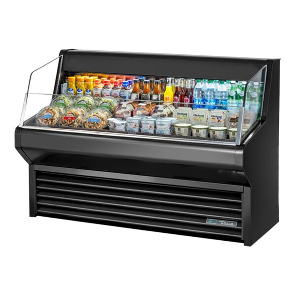 A True black refrigerated horizontal air curtain merchandiser with food and drinks on shelves.