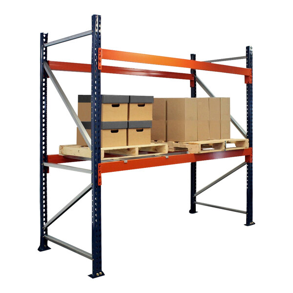 A blue and orange Interlake Mecalux heavy-duty bolted teardrop pallet rack with boxes on a shelf.