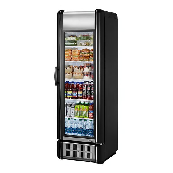 A True black refrigerator with glass doors filled with food and drinks.