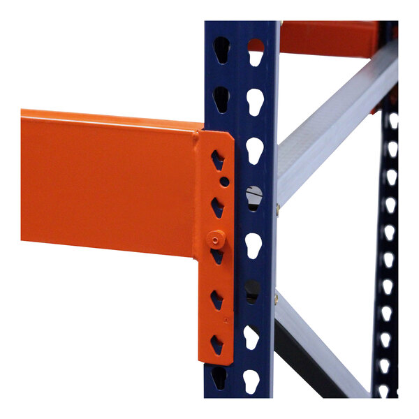 A close-up of a blue and orange Interlake Mecalux heavy-duty metal beam for a pallet rack.
