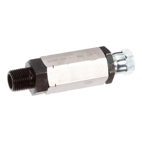 A stainless steel Henny Penny check valve assembly with a black hose.