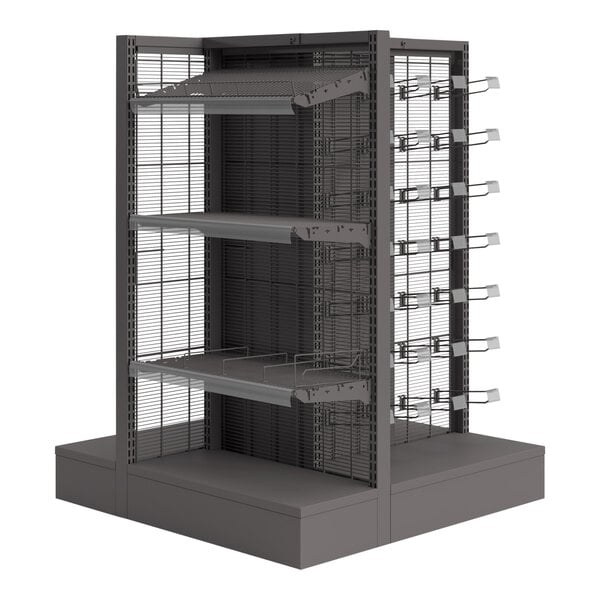 A Wanzl Wire Tech metal merchandiser with shelves and peg hooks.