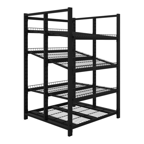 A black metal Wanzl 5-shelf beer shelving unit.