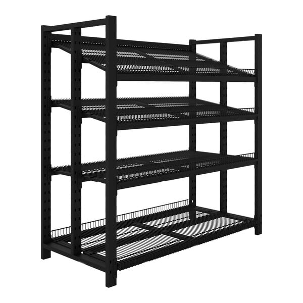 A black metal Wanzl 5-shelf beer shelving unit.