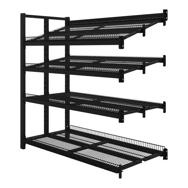 A black metal shelf with metal grate shelves.