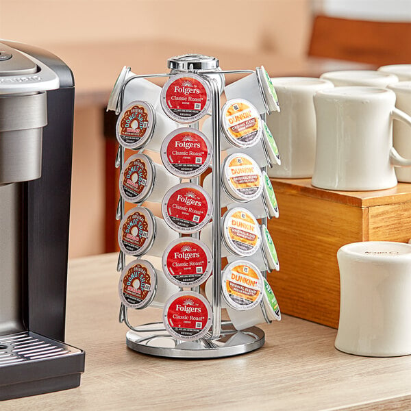 A black and silver Keurig K-Cup carousel holding coffee pods.