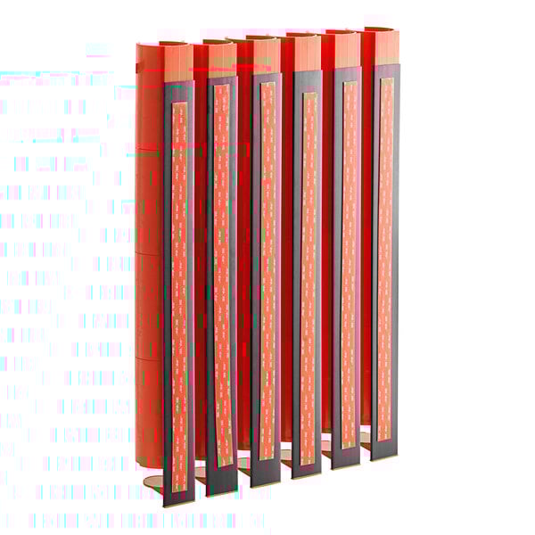 A red and grey metal frame holding several red and black Rameking portion cup dispensers.