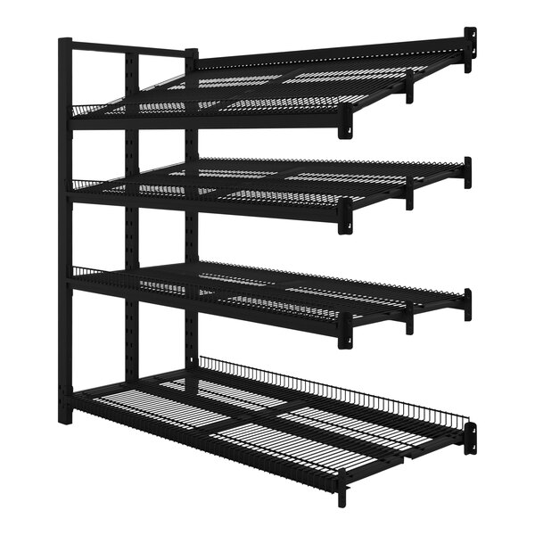 A black metal shelf with metal mesh shelves.