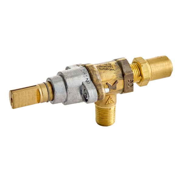 A brass and metal gas valve with threaded connections and a rectangular control stem.