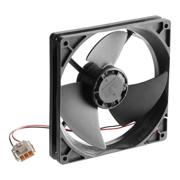 A black, square-frame electric fan with three blades and a two-wire connector attached.