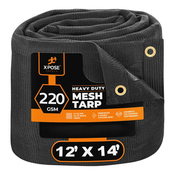 A roll of black mesh tarp with the words "mesh tarp" on the packaging.