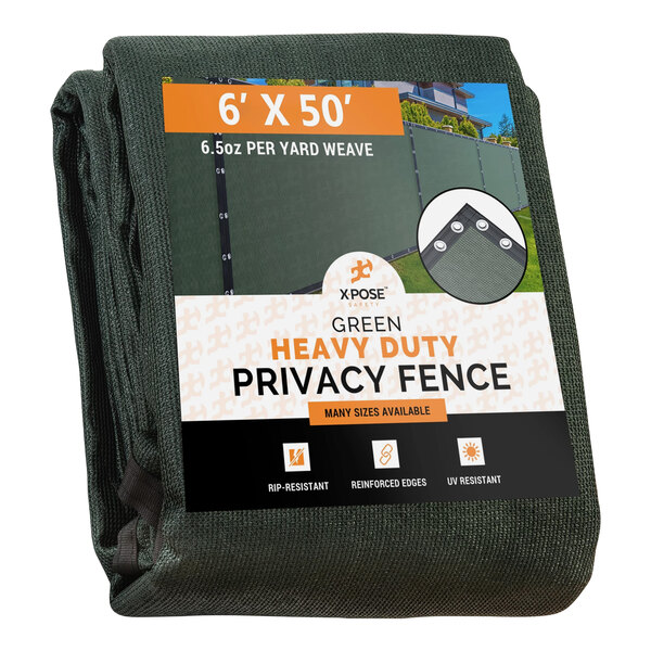 A rolled up green Xpose Safety heavy-duty mesh privacy fence with a white label.