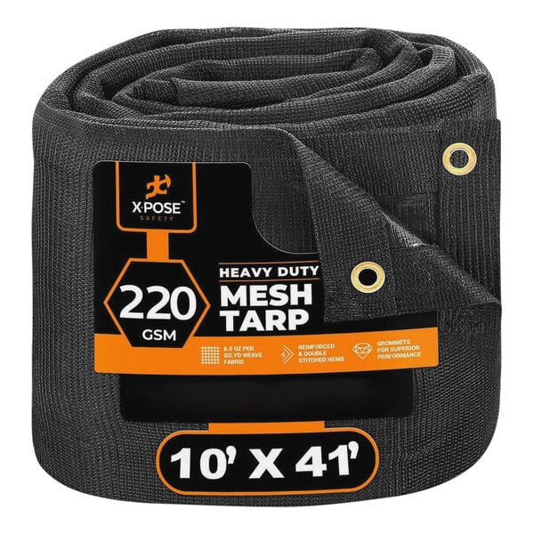 A roll of black Xpose Safety heavy-duty mesh tarp with the words "10 x 41" on the label.