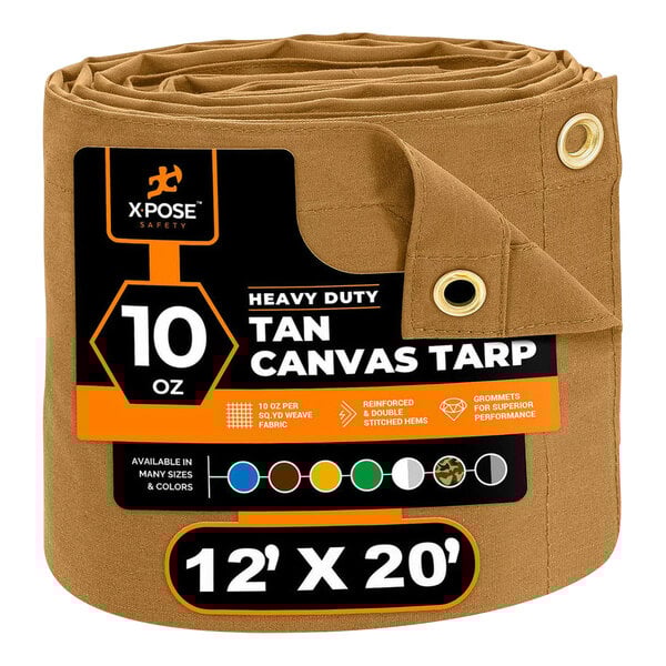 A roll of tan canvas Xpose Safety tarp with a label.