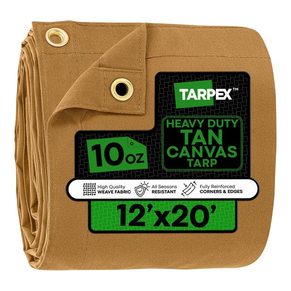 A tan heavy-duty 12' x 20' canvas tarp with reinforced corners and metal grommets.