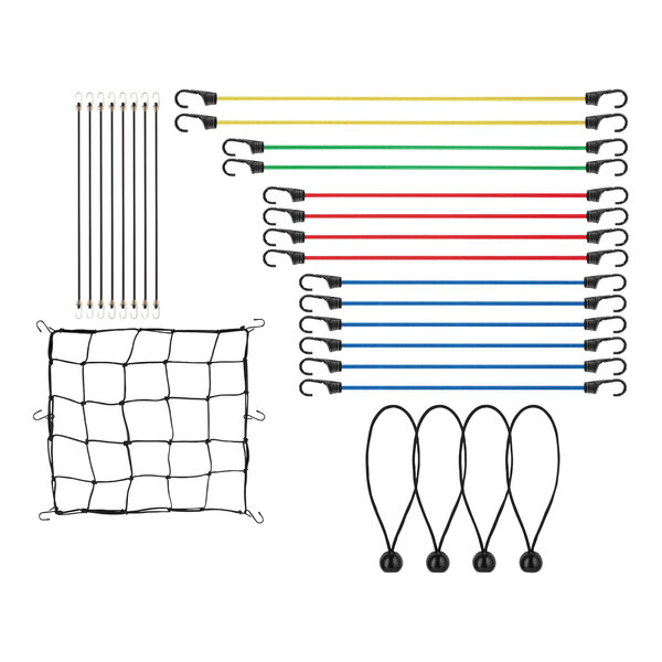 A group of Xpose Safety bungee cords in various colors with black handles.