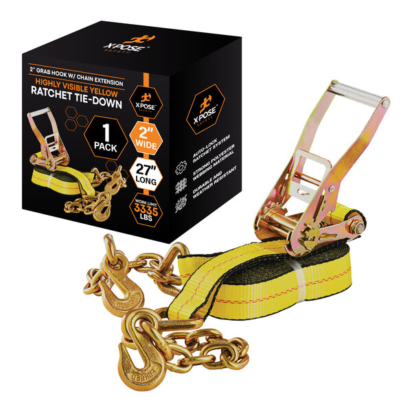 A yellow heavy-duty ratcheting tie down strap with chain grab hooks, 2 inches wide and 27 feet long, packaged in a box labeled Xpose Safety.
