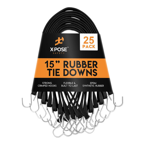 A group of black Xpose rubber tie down bungee cords with hooks.