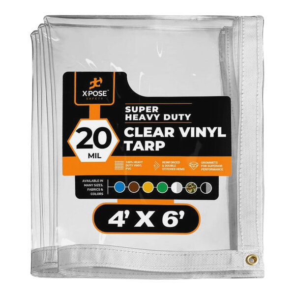 A white clear vinyl tarp with black text that reads "Xpose Safety 4' x 6' Clear Super Heavy-Duty Weatherproof 20 Mil PVC Vinyl Tarp"