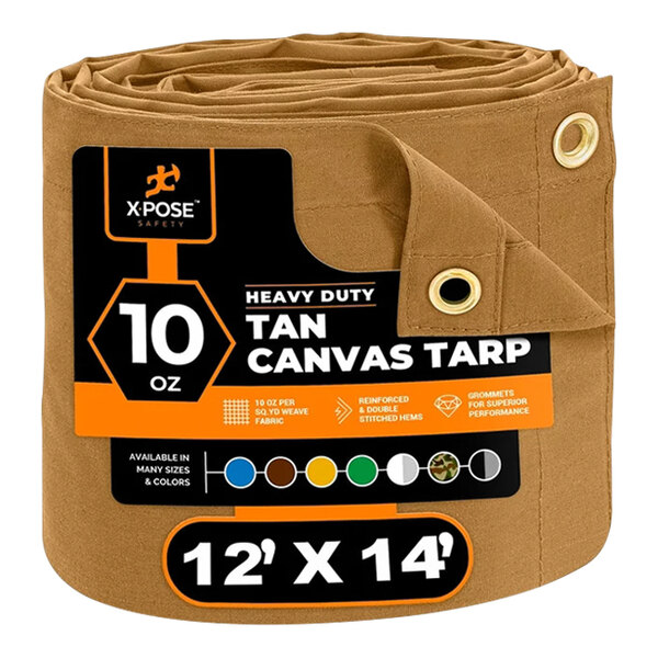 A roll of tan Xpose Safety heavy-duty weatherproof canvas tarp with a label.