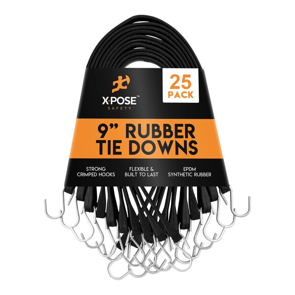 A close-up of a pack of black Xpose rubber tie down bungee cords with hooks.