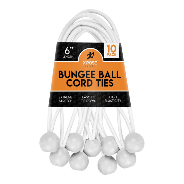 A pack of 10 white Xpose Safety bungee ball cords.