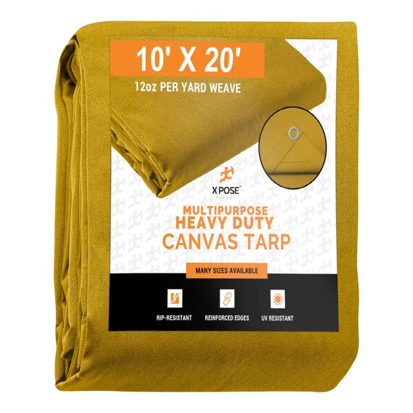 A yellow Xpose Safety heavy-duty canvas tarp with white text folded in a triangle.