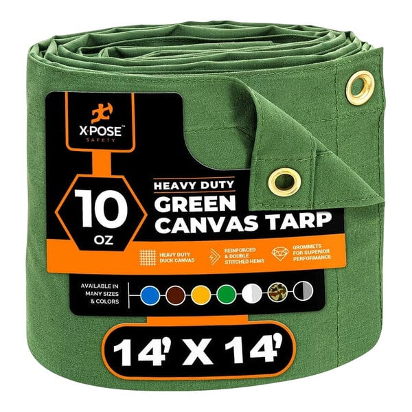 A roll of green Xpose Safety heavy-duty poly canvas tarp with a label.