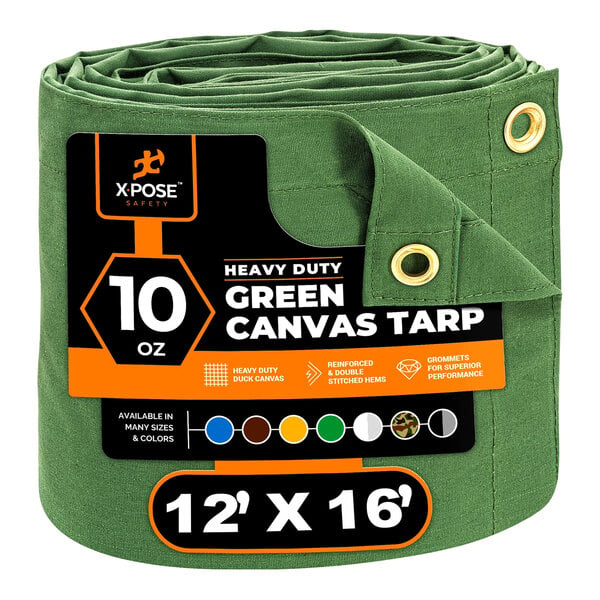 A green canvas tarp with a label that reads "Xpose Safety 12' x 16' Heavy-Duty Poly Canvas Tarp"