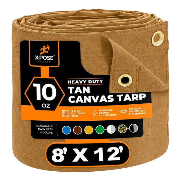 A roll of tan canvas tarp with a label.