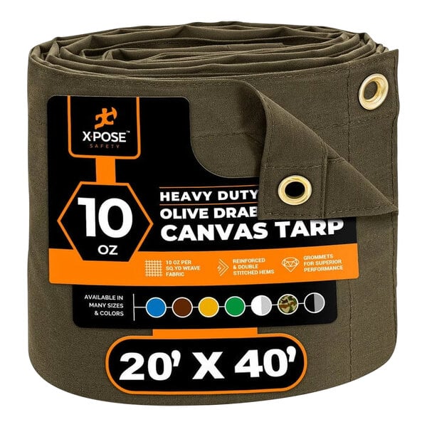 An olive drab Xpose Safety heavy-duty poly canvas tarp.