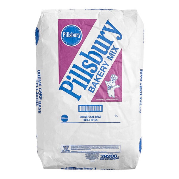 A white bag with blue text that reads "Pillsbury Creme Cake Base Mix"