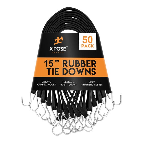 A 50 pack of Xpose black rubber tie down bungee cords with hooks.