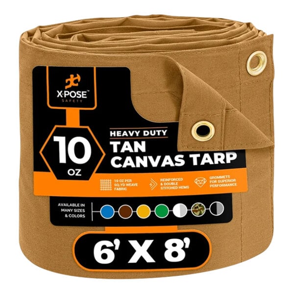 A tan canvas tarp with a label.