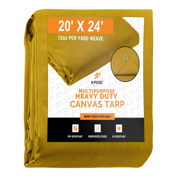 A tan heavy-duty canvas tarp folded in a folded position.