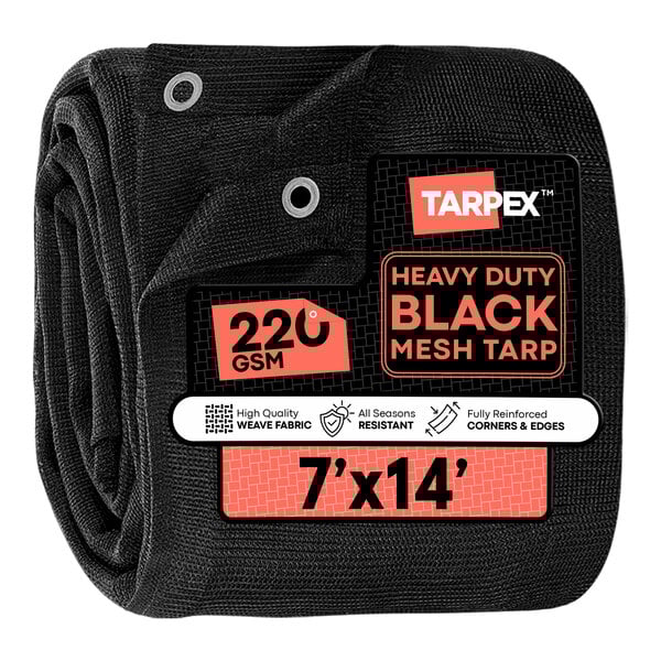 A folded black heavy-duty mesh tarp measuring 7 feet by 14 feet with reinforced edges and metal grommets.