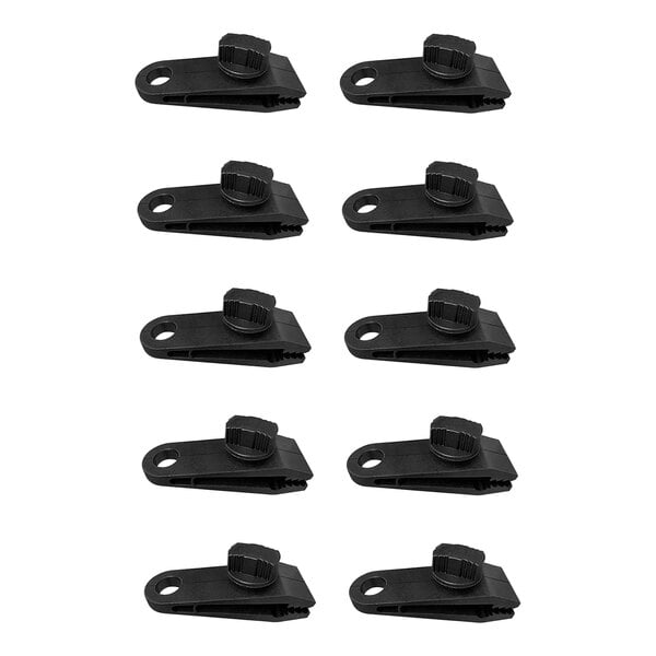 A group of black Xpose Safety heavy-duty reusable tarp clips.