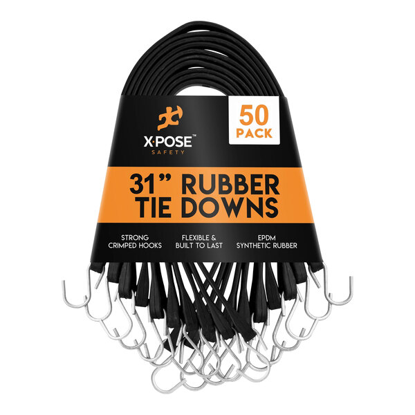 A pack of 50 black Xpose heavy-duty rubber tie down bungee cords with hooks.